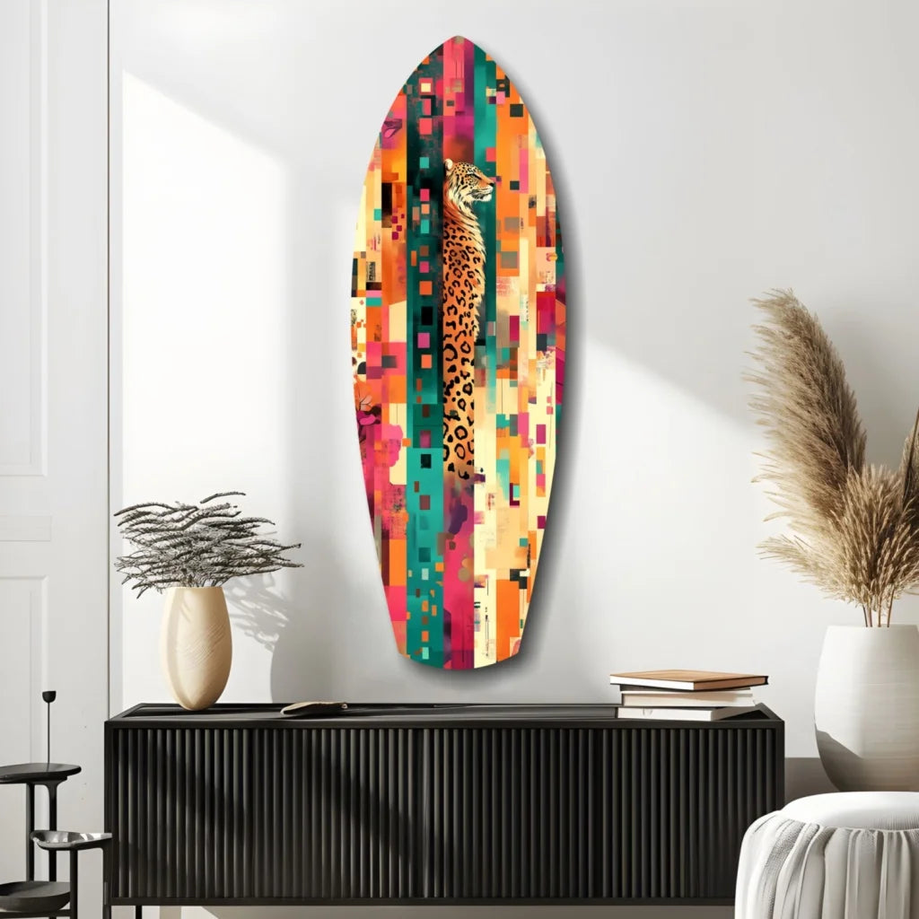 Vibrant tempered glass art with colorful geometric leopard print surfboard design
