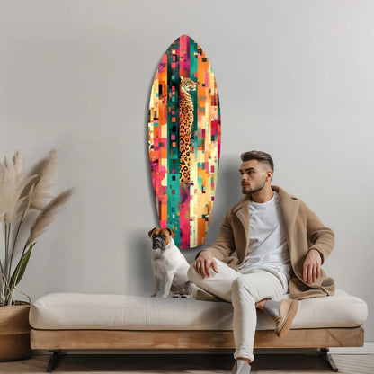 Vibrant tempered glass art with multi-colored leopard print surfboard design