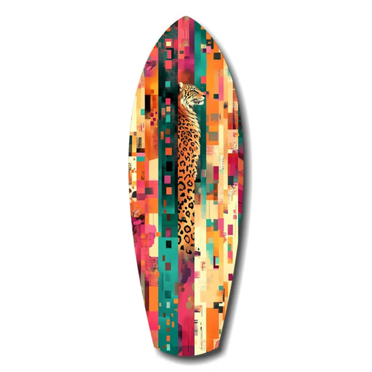 Vibrant tempered glass art of multi-colored surfboard with leopard print and geometric shapes