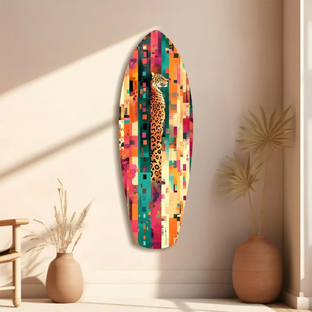 Vibrant tempered glass art with multicolored abstract leopard surfboard design
