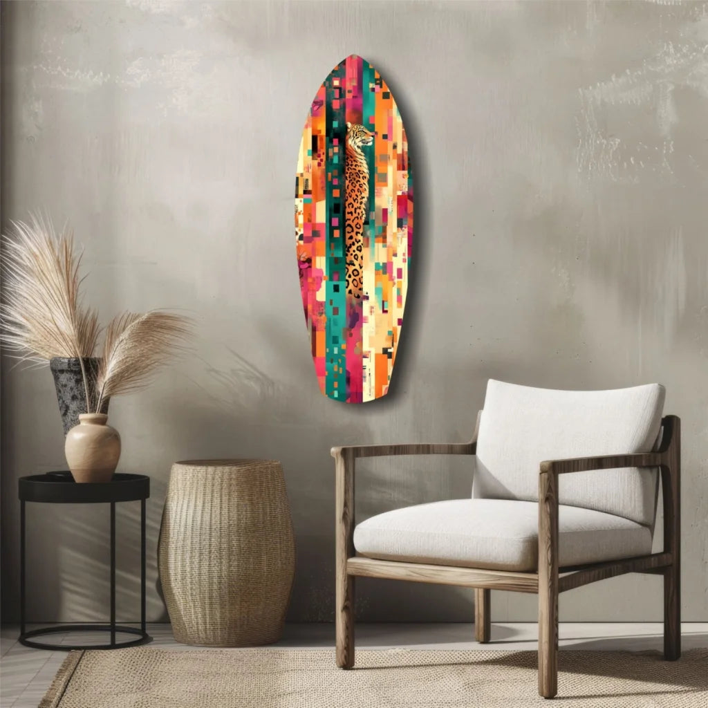 Vibrant multicolored abstract giraffe glass art on wood, tempered glass