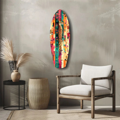 Vibrant multicolored abstract giraffe glass art on wood, tempered glass