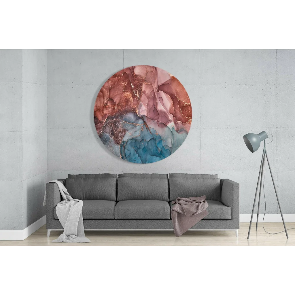 Vibrant tempered glass art with pink, blue, and gray swirls on white wall