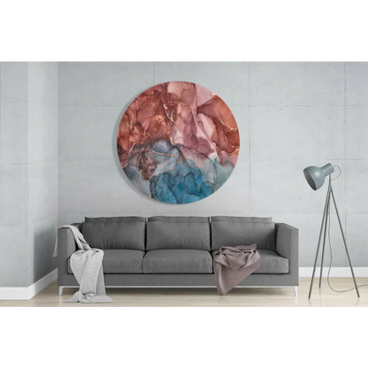 Vibrant tempered glass art with pink, blue, and gray swirls on white wall