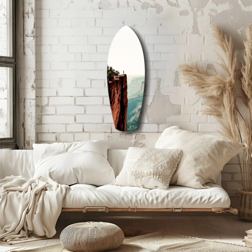 Vibrant tempered glass art with scenic landscape and size comparison guide