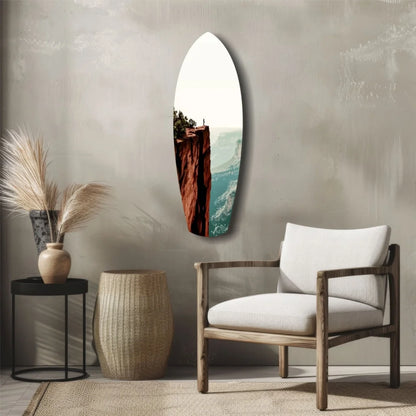 White surfboard tempered glass art with black red landscape design