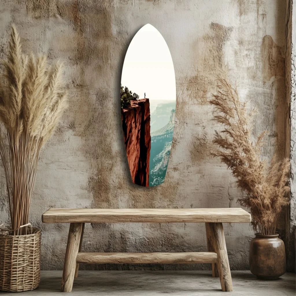 Arched tempered glass art mirror with wood frame, pampas grass, and size comparison