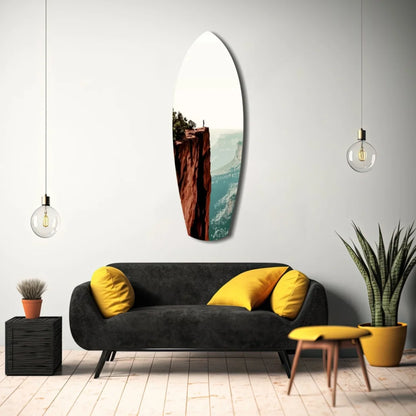 Vibrant tempered glass art surfboard mirror with ocean scene