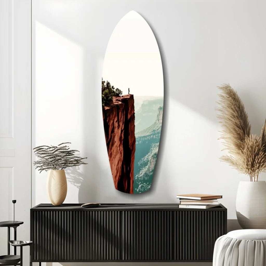 Vibrant tempered glass art of surfboard wall with wood frame and ocean scene, size comparison guide