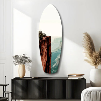 Vibrant tempered glass art of surfboard wall with wood frame and ocean scene, size comparison guide