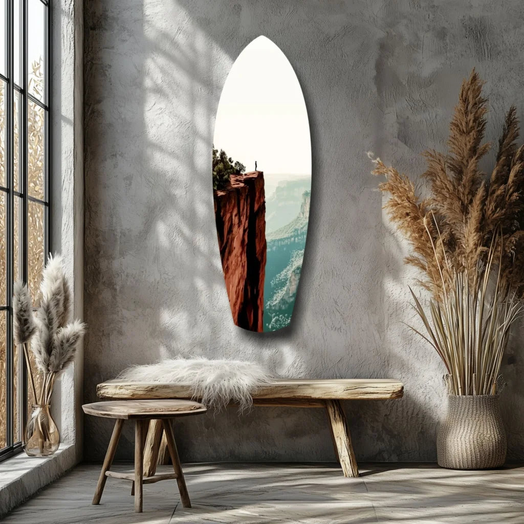 Oval tempered glass art mirror with red cliff, blue water, green foliage