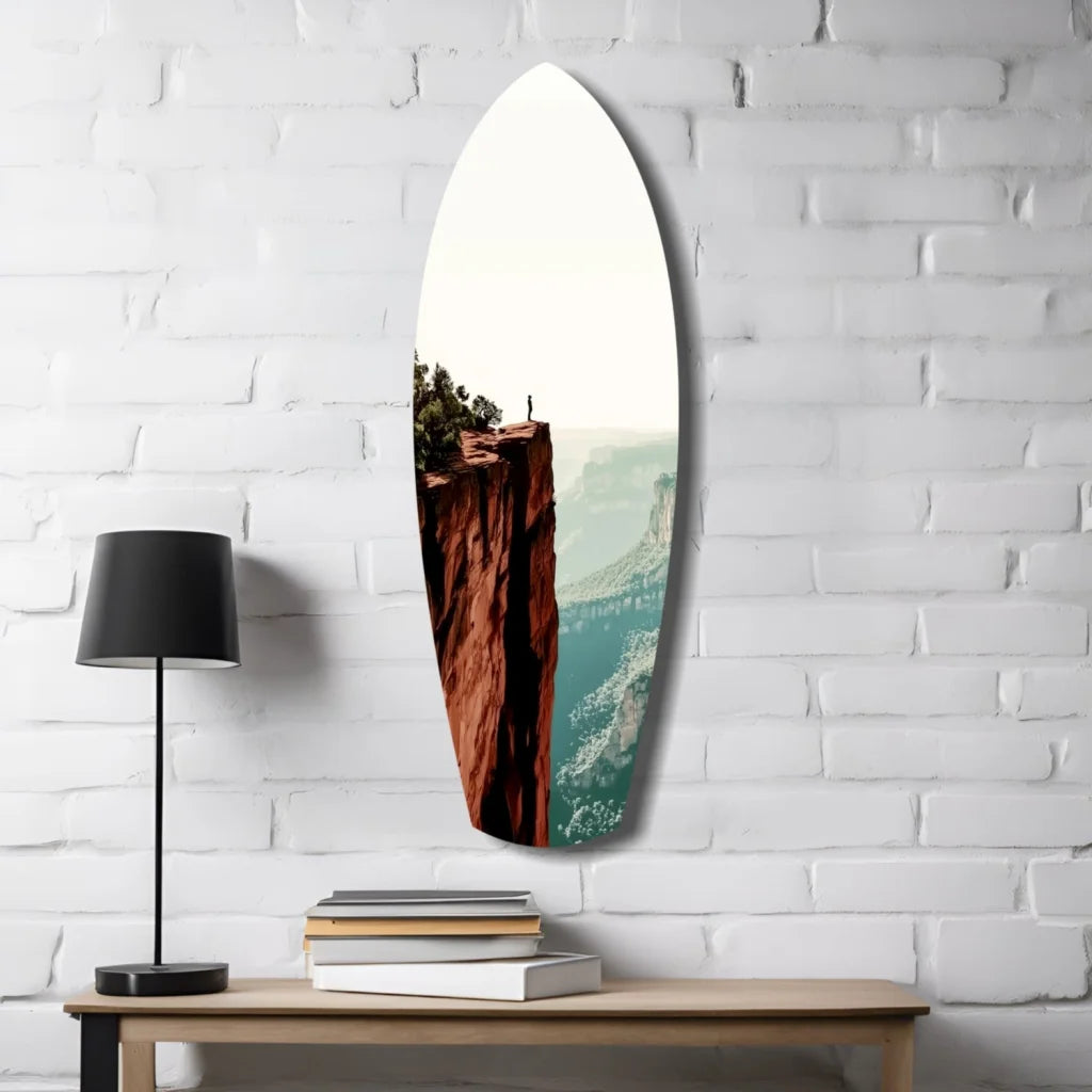 Surfboard tempered glass art with turquoise waves and red cliffs