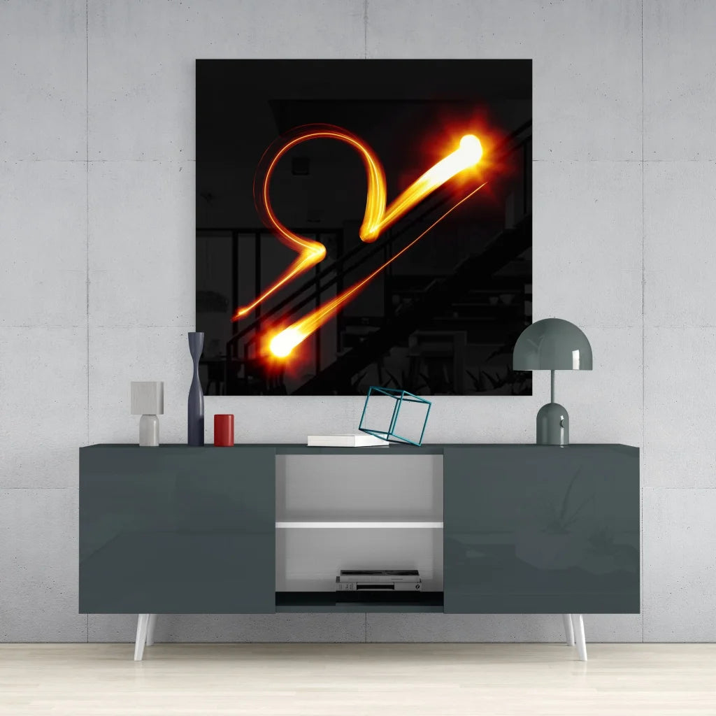 Modern gray sideboard with white legs and vibrant tempered glass art