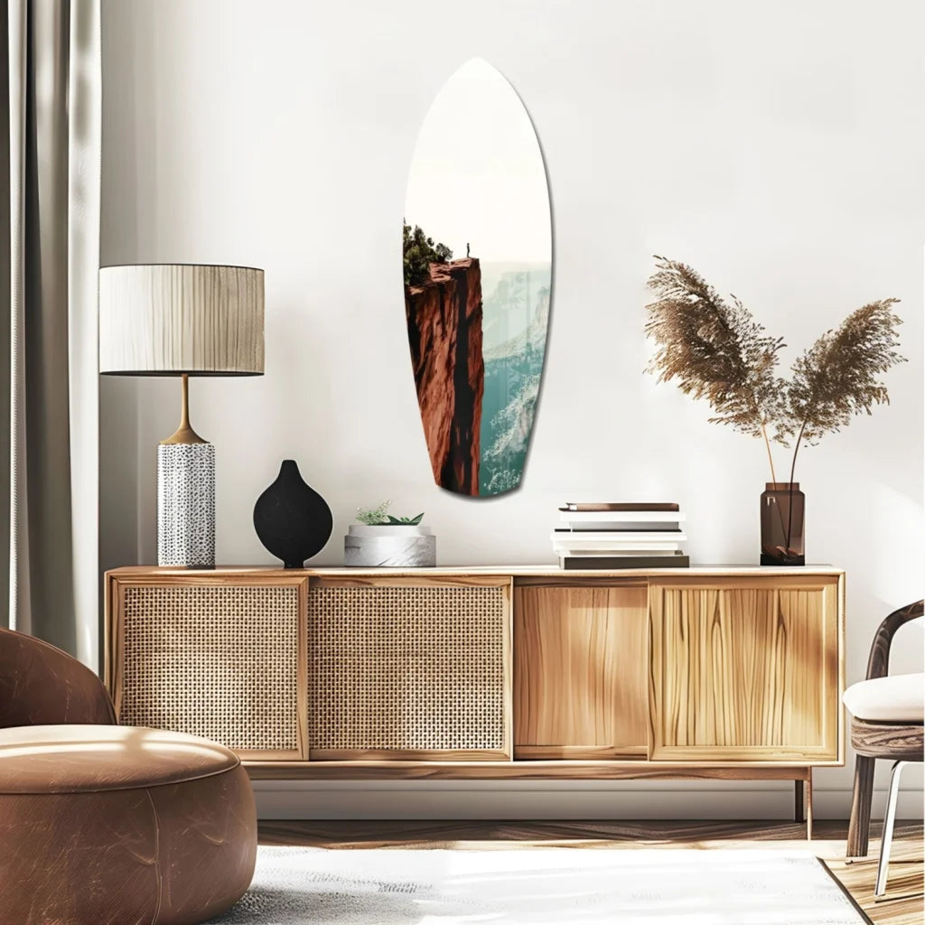 Modern wooden sideboard with woven drawers and vibrant tempered glass art