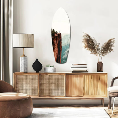 Modern wooden sideboard with woven drawers and vibrant tempered glass art