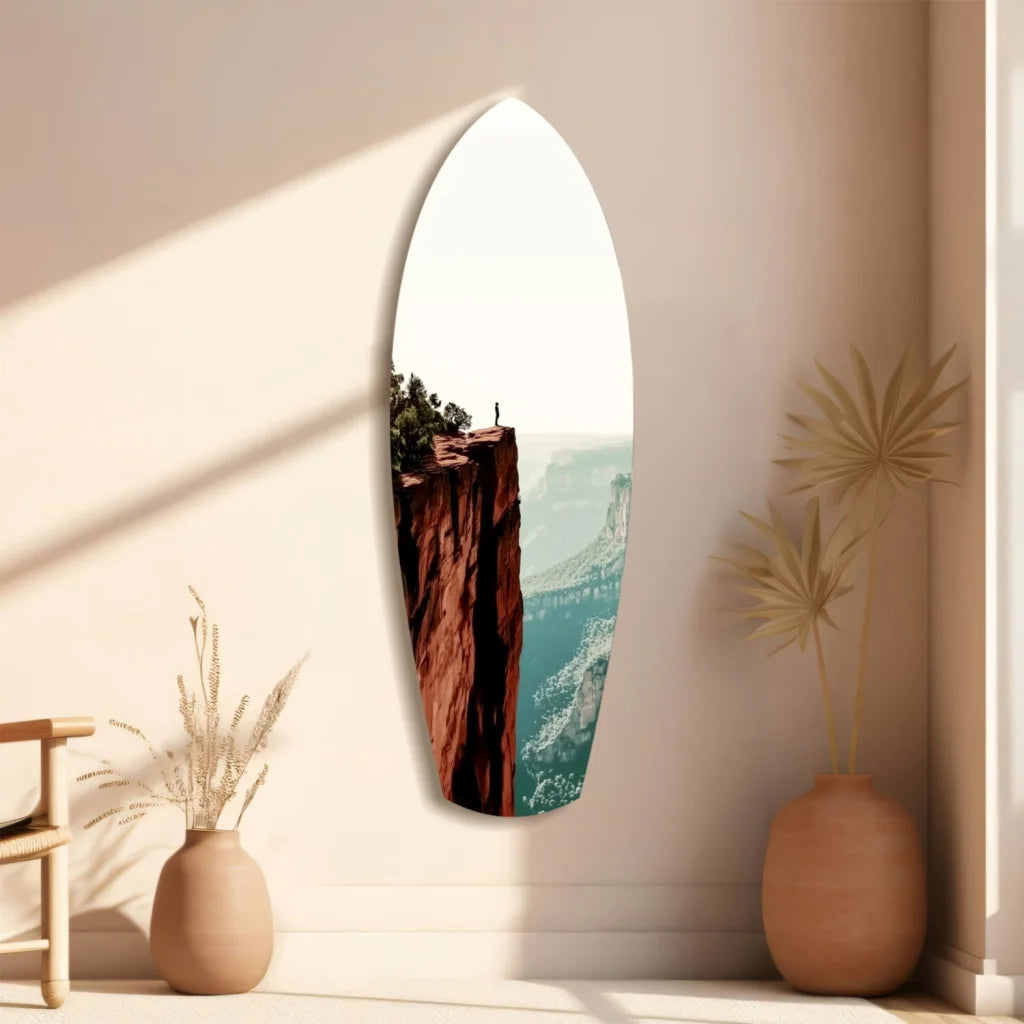 Surfboard mirror in white frame with cliffside glass art and size comparison