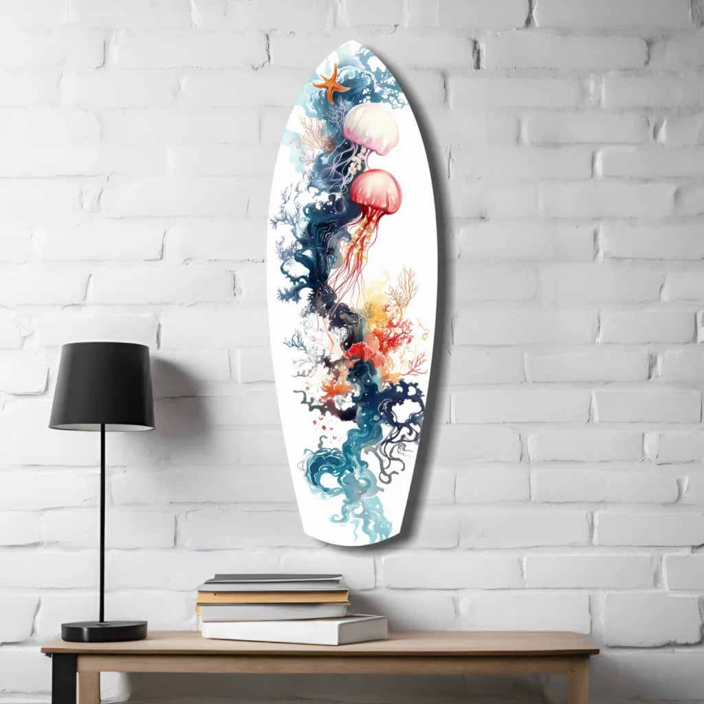 Vibrant jellyfish tempered glass art surfboard wall decor on white background