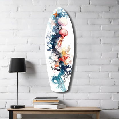 Vibrant jellyfish tempered glass art surfboard wall decor on white background