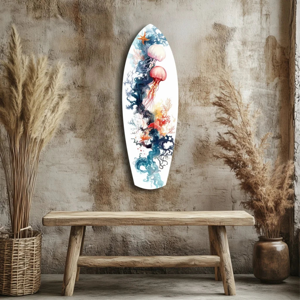 Vibrant tempered glass art surfboard wall decor in blue orange hues