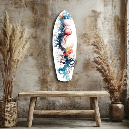 Vibrant tempered glass art surfboard wall decor in blue orange hues