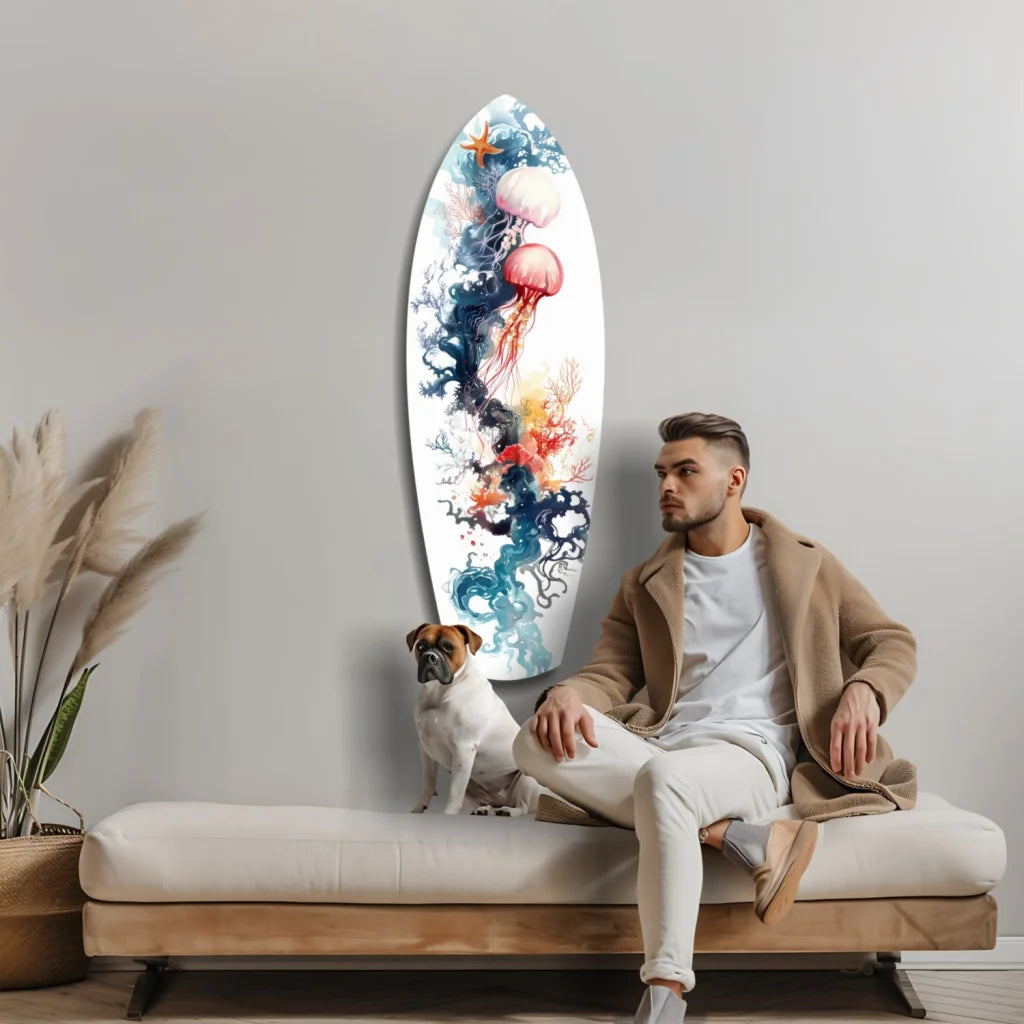 Vibrant jellyfish surfboard tempered glass art on white background