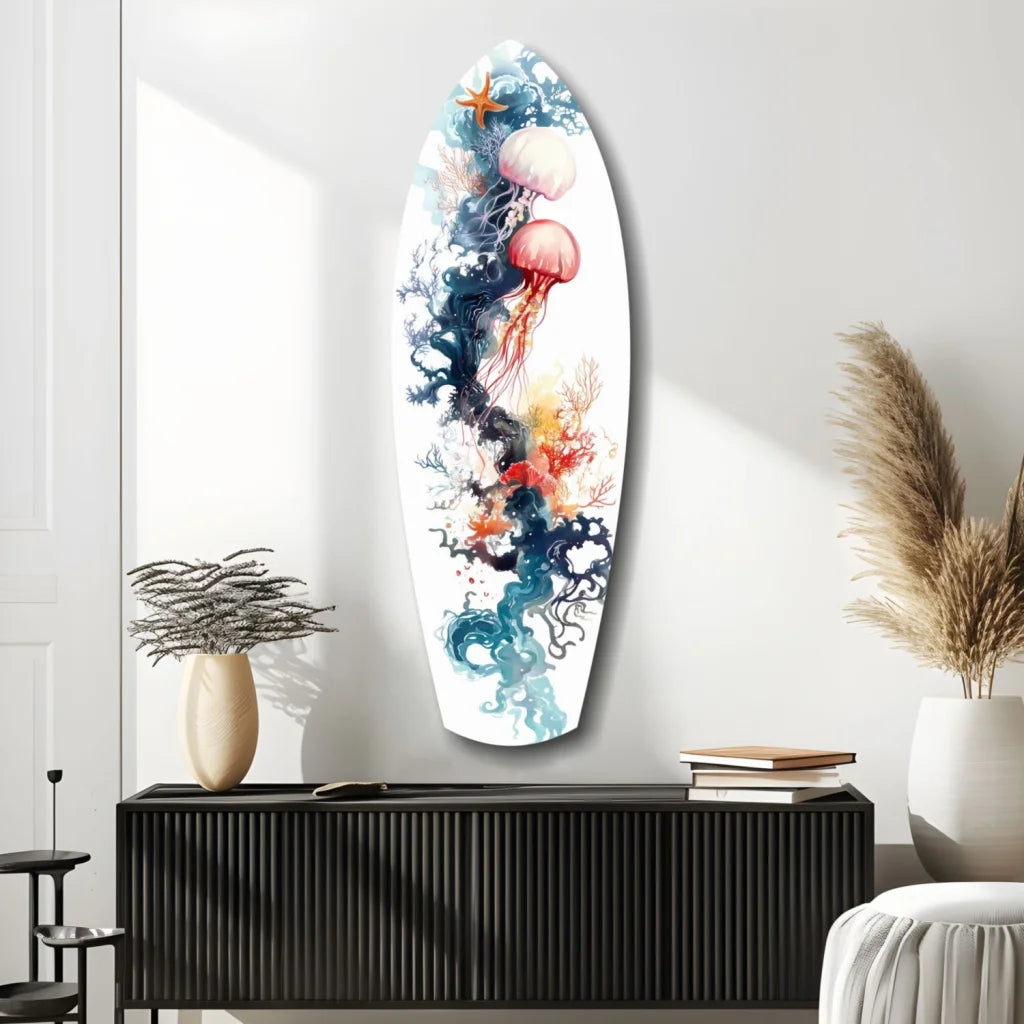 Vibrant tempered glass art surfboard wall decor with jellyfish design