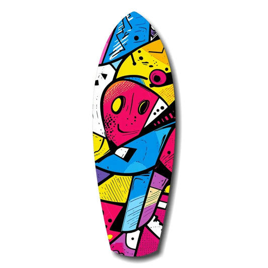 Vibrant tempered glass art surfboard wall decor with colorful geometric shapes