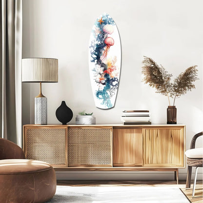 Vibrant tempered glass art surfboard wall decor above wooden sideboard with basket and vase