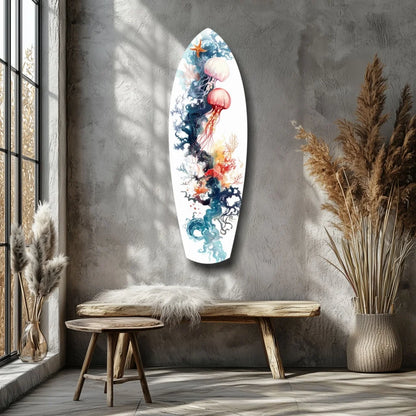 Vibrant tempered glass art surfboard wall decor with jellyfish design