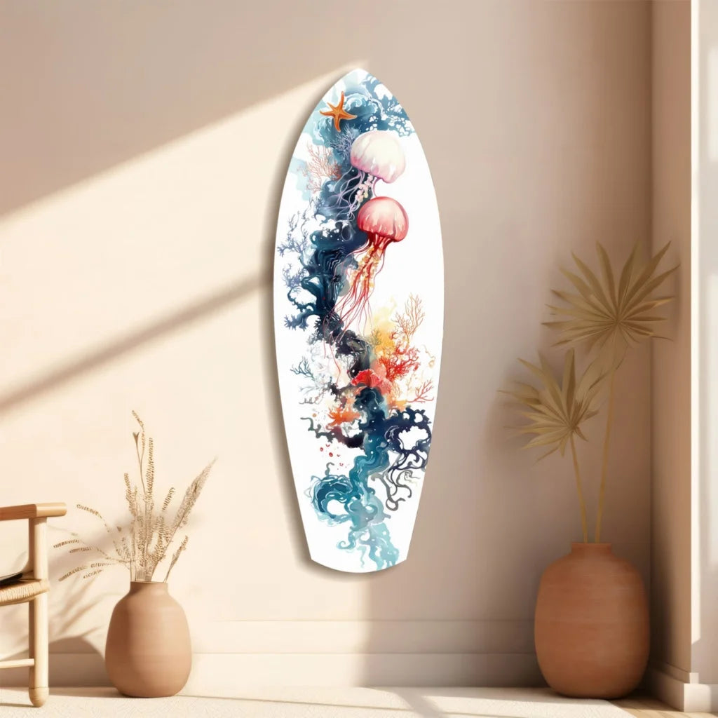 Vibrant tempered glass art surfboard wall decor with jellyfish design