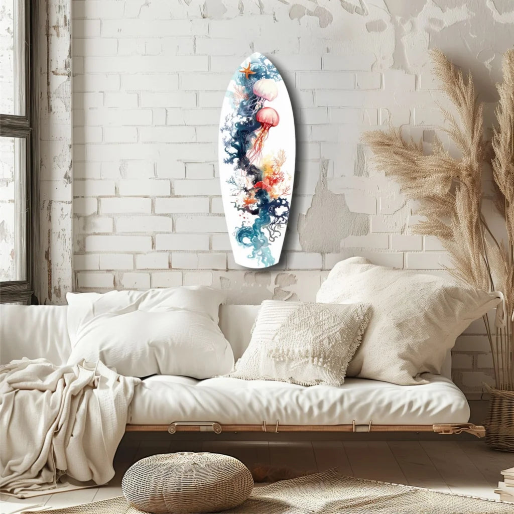Vibrant tempered glass art surfboard wall decor with jellyfish design