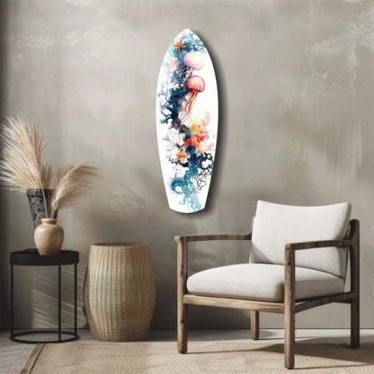 Vibrant tempered glass art surfboard wall decor with jellyfish design