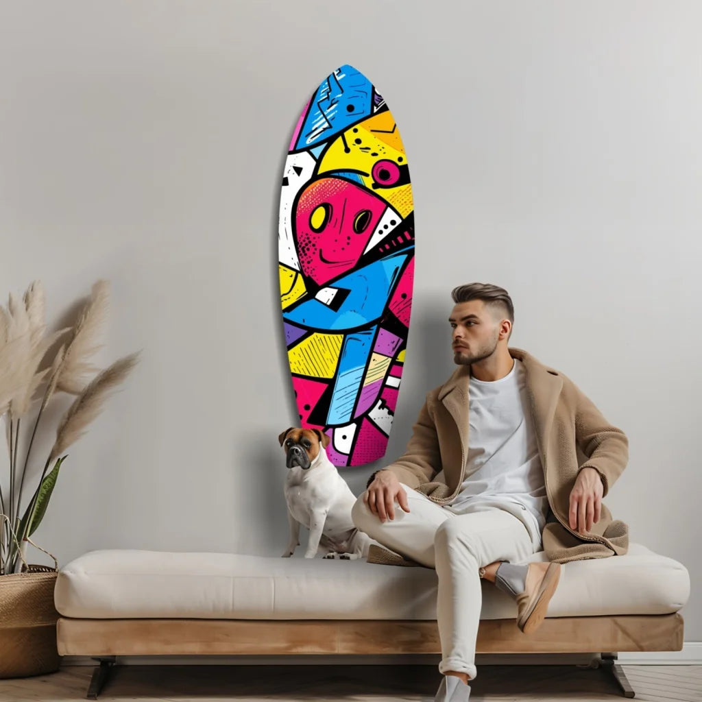 Vibrant tempered glass art surfboard wall decor with colorful geometric patterns