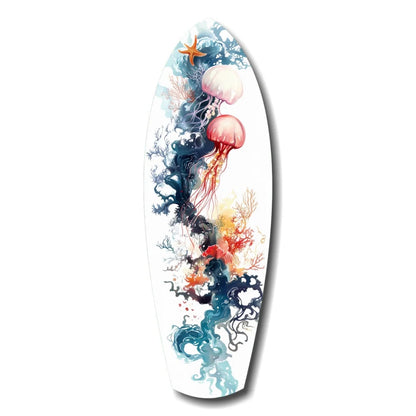Vibrant tempered glass art surfboard wall decor with jellyfish and coral design