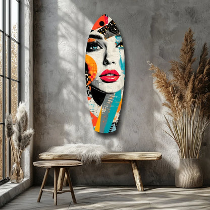 Vibrant tempered glass art surfboard with multicolored face design