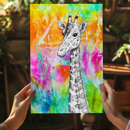 Vibrant tie-dye giraffe canvas wall art print with watercolor background