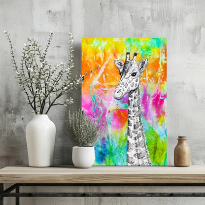 Vibrant tie dye giraffe canvas wall art print with colorful abstract background