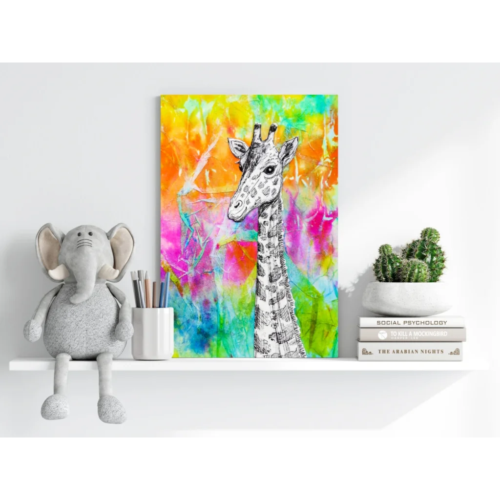 Vibrant tie dye giraffe canvas wall art print on white shelf