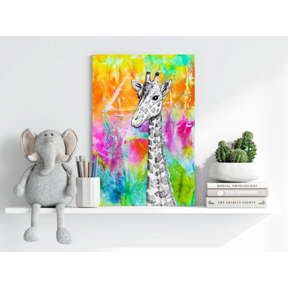Vibrant tie dye giraffe canvas wall art print on white shelf