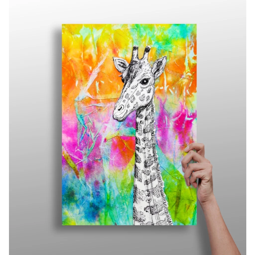 Vibrant tie dye giraffe canvas wall art print with abstract background