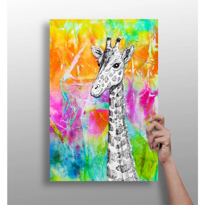 Vibrant tie dye giraffe canvas wall art print with abstract background