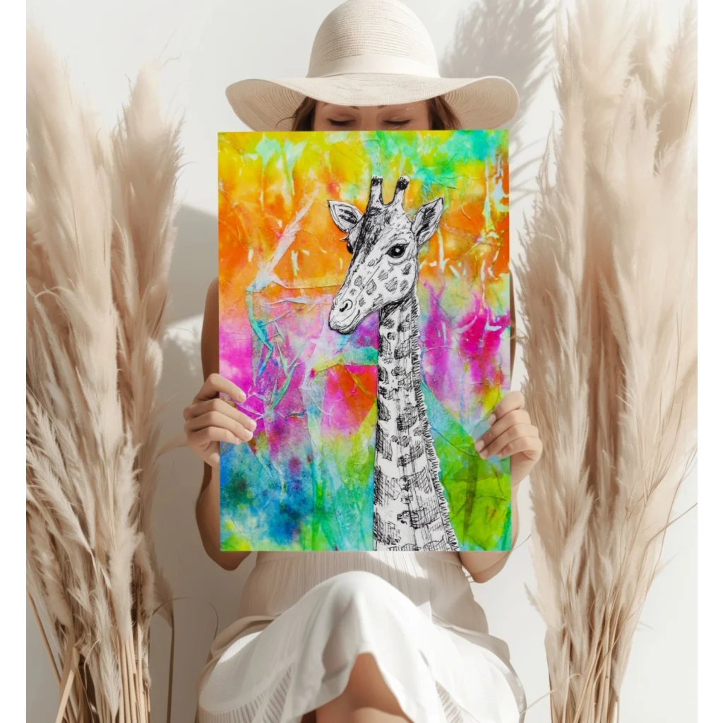 Vibrant tie-dye giraffe canvas wall art print with black-and-white illustration