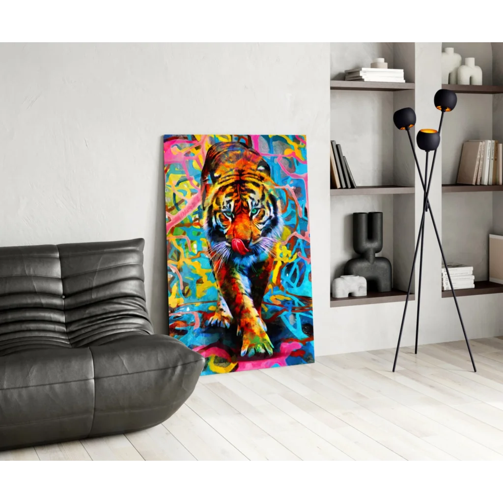 Vibrant graffiti tiger glass wall art print on black wall
