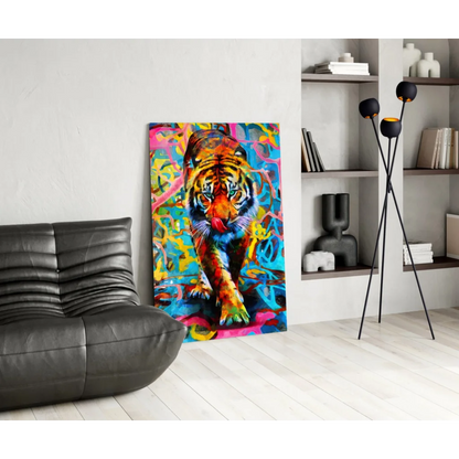 Vibrant graffiti tiger glass wall art print on black wall