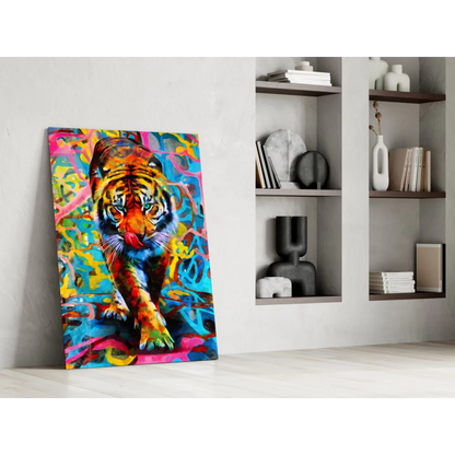 Vibrant graffiti tiger glass wall art print on wood frame