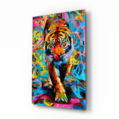 Vibrant tiger glass wall art print with graffiti style background