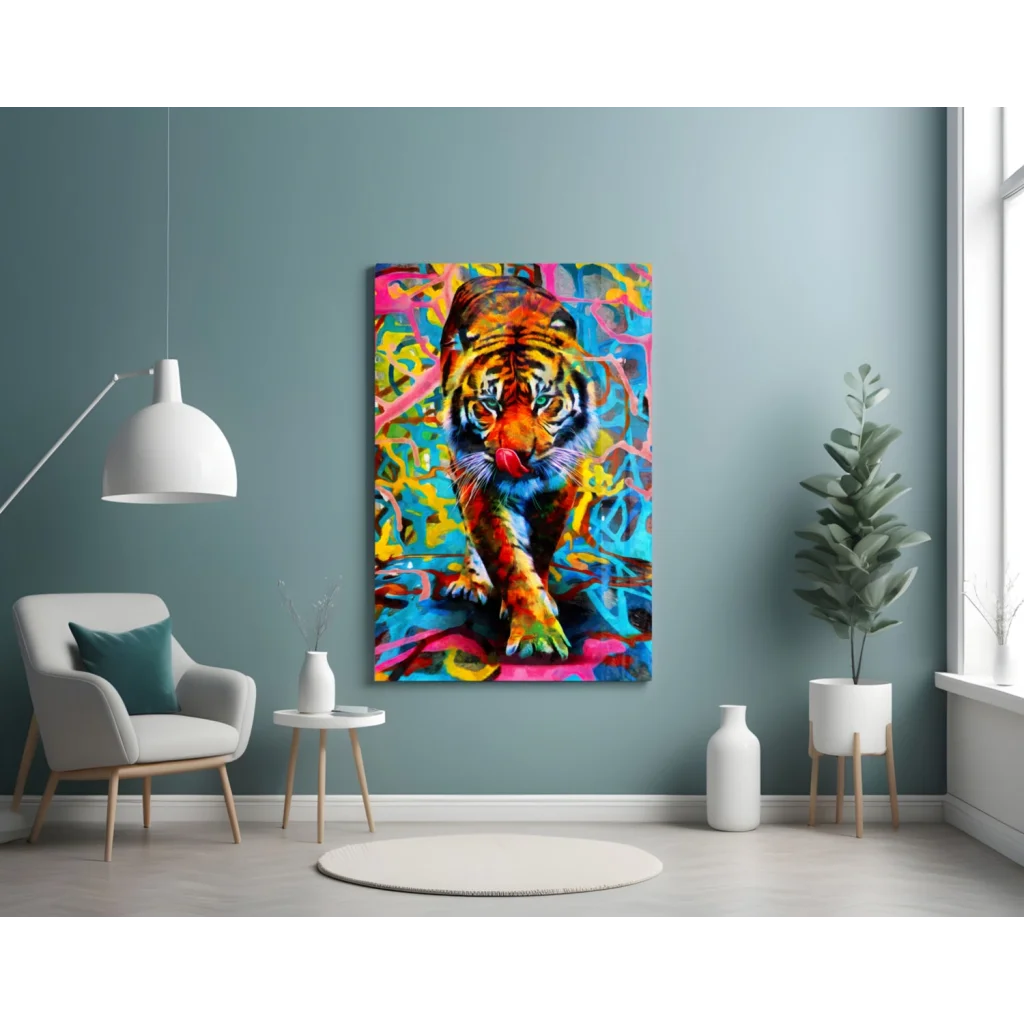 Vibrant tiger glass wall art print with graffiti style on teal wall