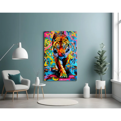 Vibrant tiger glass wall art print with graffiti style on teal wall