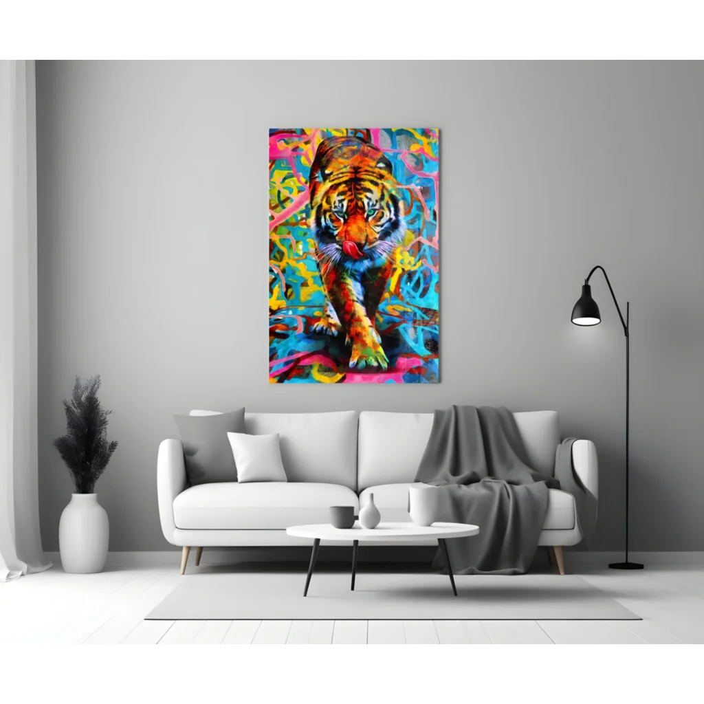 Vibrant tiger glass wall art print with graffiti style on white wall