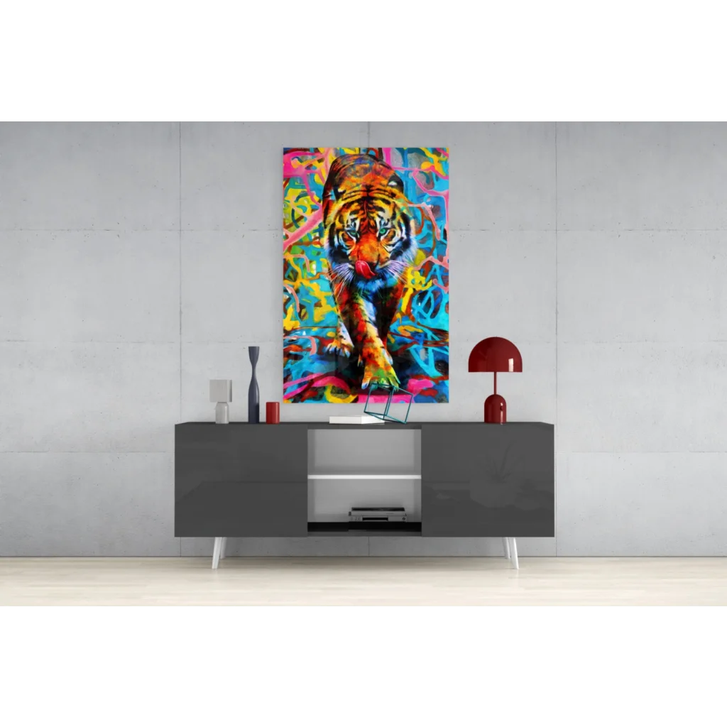 Vibrant tiger glass wall art print in graffiti style on modern gray sideboard